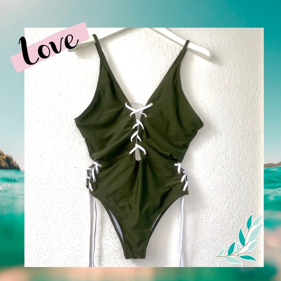 Olive Green Swim Onepiece - Picture 2 of 5